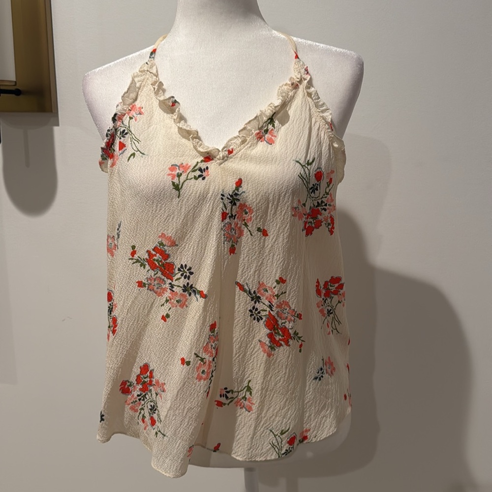 Rebecca Taylor Marguerite Floral Print Racerback Tank. White, silk, Size 4